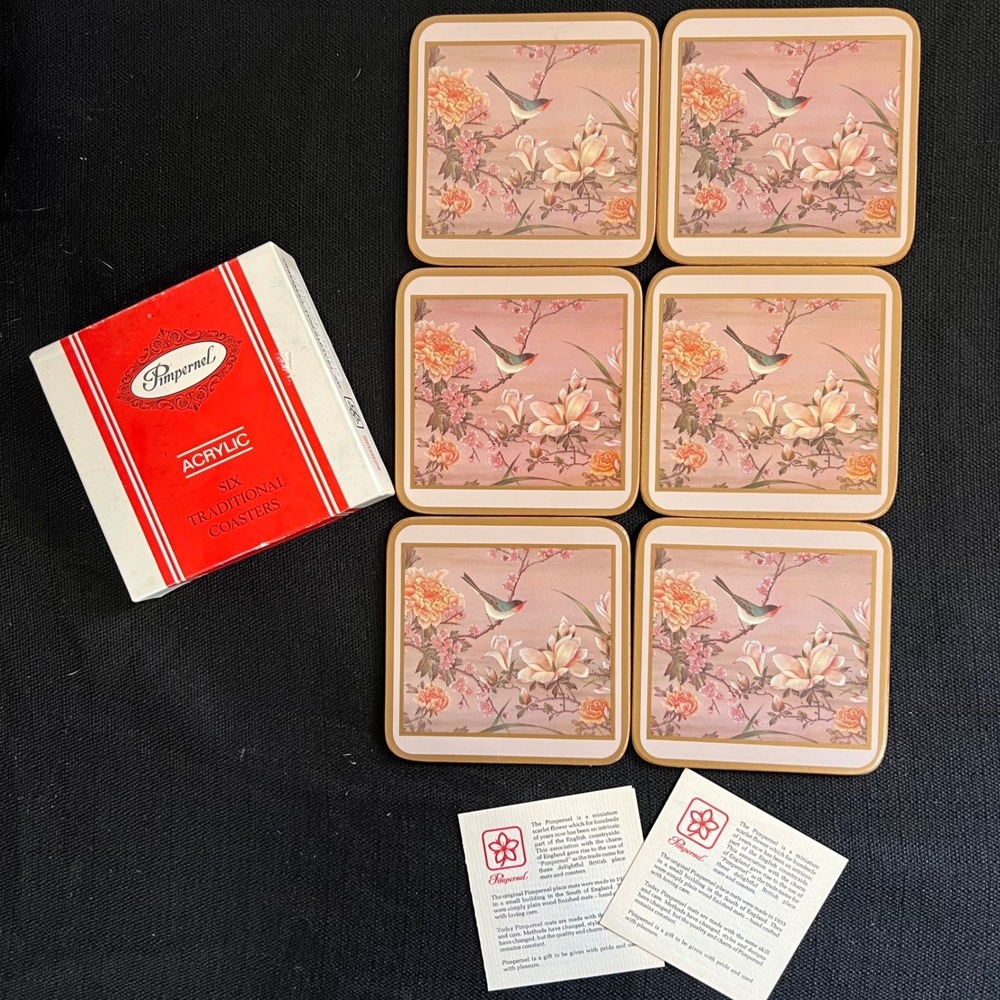 Pimpernel Vintage Acrylic Coasters Set of 6 Bird Floral Chinoiserie England